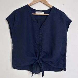 Jacqui E‎ Linen Collection Top Womens 12 Navy Blue Tie Front Button Down Blouse